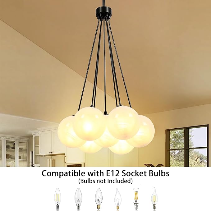 Modern Globe Black Chandelier Milky Glass Shade Sputnik Ceiling Light Fixture, Mid Century Bubble Dining Room Pendant Light, Hanging Island Light for Kitchen Bedroom Entryway Over Table