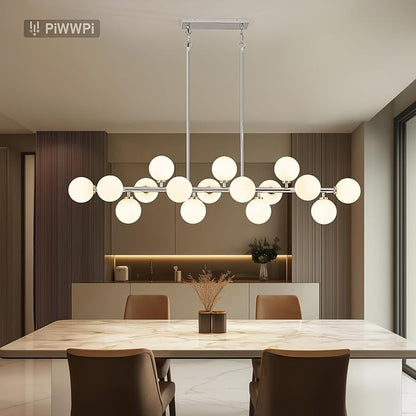 55" Long Chandeliers for Dining Room Kitchen Island, Large Globe Sputnik Linear Chandelier, 16 Lights Mid Century Modern Light Fixture Over Table, Chrome and Milk White Bubble, GC-08