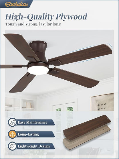 Fanbulous 52 inch ceiling fan with light, Low Profile Ceiling Fan with Light, App&Remote Control, Dimmable LED Light, Flush Mount Ceiling Fan for Indoor Bedroom Living Room, Qiuet DC Motor