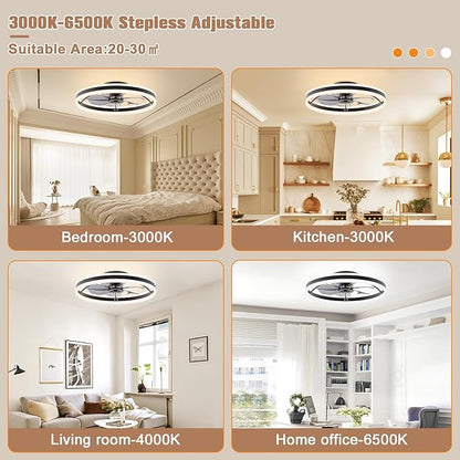 VOLISUN Low Profile Ceiling Fans with Lights and Remote, 23.6in Flush Mount Ceiling Fans with Light, 3000K-6500K Dimmable Fandelier LED Fan Light, Black Bladeless Ceiling Fans with Lights for Bedroom