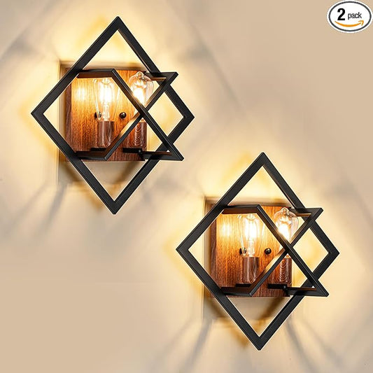 Farmhouse Wall Sconce with Black Finish & Wood Grain, Set of 2 Rustic Wall Sconces Indoor Wall Light Fixtures 17.8in for Stairway, Living Room, Bedroom, Bathroom (2 Light,E26 Base, No Bulbs)