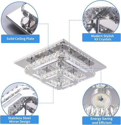FRIXCHUR 12" Crystal Ceiling Light Crystal Chandelier LED Square Flush Mount Ceiling Light 2-Layer K9 Crystal Ceiling Fixture for Bedroom Living Room Dining Room Hallway Staircase Kitchen Closet