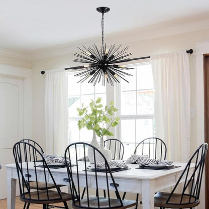 24in Black Sputnik Chandelier Light Fixture Over Table Modern 9-Lights Starburst Chandelier Solid Metal Satellite Sputnik Light Fixture for Dining Room, Kitchen Island, Bedroom,Foyer,Entryway