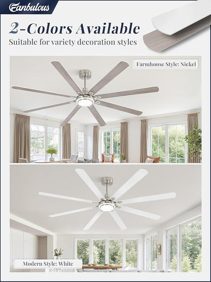 Fanbulous 84 Inch Ceiling Fans with Lights and Remote, Brushed Nickel Ceiling Fan with 8 Dual-Color Blades, Indoor/Outdoor Large Ceiling Fans, Reversible DC Motor, 6-Speed, 3CCT for Living Porch Patio