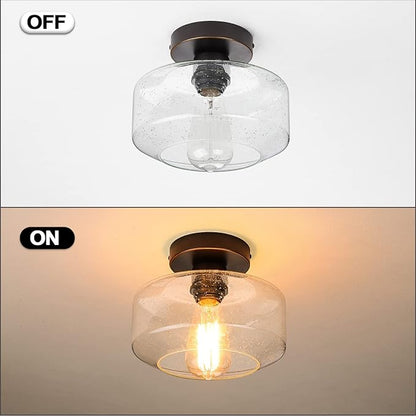 SunRider Industrial Semi-Flush Mount Ceiling Light Fixture, Seeded Glass Pendant Lamp Shade, Oil Rubbed Bronze Farmhouse Lights for Hallway Bedroom