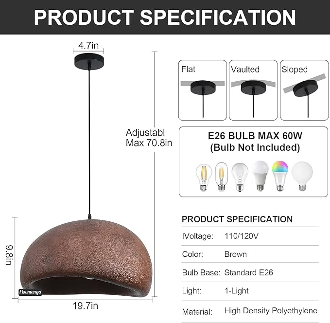19.7in Wabi Sabi Pendant Light, Kitchen Island Lighting Fixture Ceiling Mount Japanese Lamp Japandi Chandelier for Dining Living Room Hallway Bedroom Restaurant Hanging Lamp, Brown 1 Pack