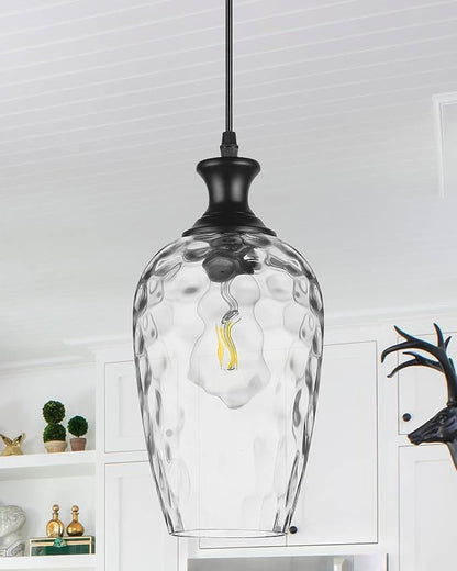 Glass Pendant Lights Kitchen Island, 1-Light Black Pendant Light Fixtures with Hand-Blown Clear Glass, Farmhouse Hanging Light for Kitchen Sink Dining Room Bedroom, E26