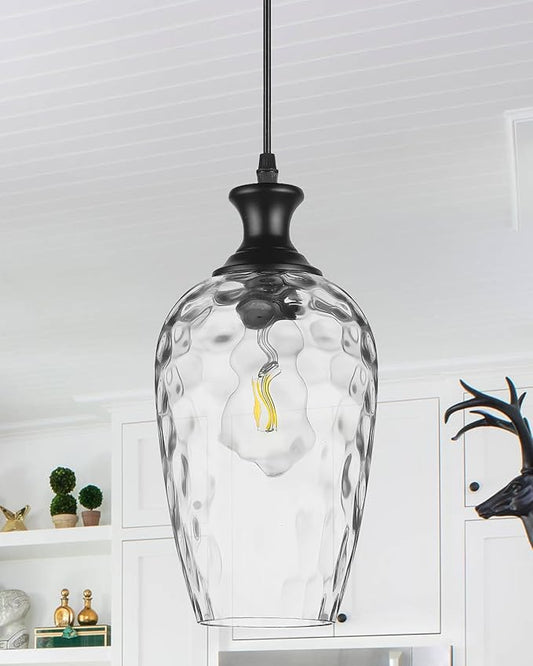 Glass Pendant Lights Kitchen Island, 1-Light Black Pendant Light Fixtures with Hand-Blown Clear Glass, Farmhouse Hanging Light for Kitchen Sink Dining Room Bedroom, E26