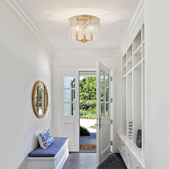 LumFurn 3-Light Modern Ceiling Light for Living Room, Bedroom, Foyer, Kitchen, Close to Ceiling Flushmount Light Fixture, D12.6 x H10.4 in, Handmade Glass Shade & Gold Finish Frame