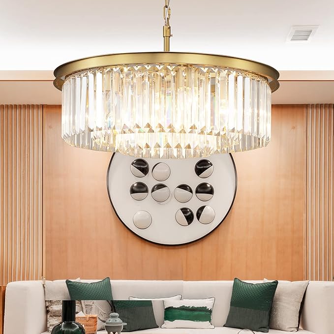 Crystal Chandelier Modern Luxury Gold Chandelier Ceiling Lights Fixture for Dining Living Room Bedroom 9-Lights 3-Tier Raindrop Chandeliers Lighting (Copper, Dia 24 Inch)