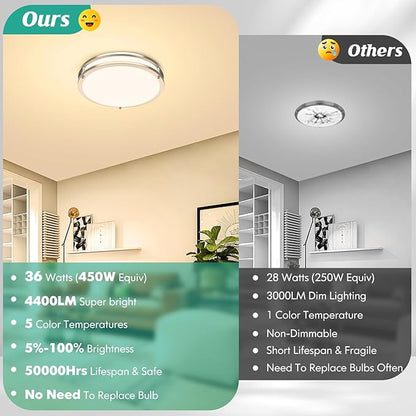 13 Inch LED Ceiling Light Fixture, 36W 4400Lm Flush Mount Ceiling Lights, Dimmable 5CCT 2700K/3000K/4000K/5000K/6500K, Super Bright Modern Bedroom Lamps for Kitchen Hallway, Brushed Nickle, 2 Packs