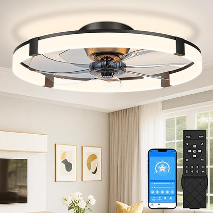 VOLISUN Low Profile Ceiling Fans with Lights and Remote, 23.6in Flush Mount Ceiling Fans with Light, 3000K-6500K Dimmable Fandelier Ceiling Fan, Black Bladeless Ceiling Fan for Bedroom