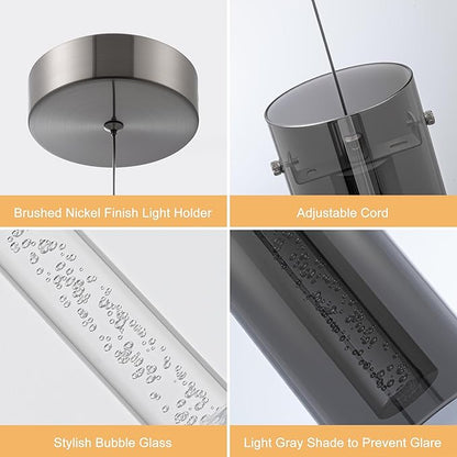 Modern Pendant Lights Kitchen Island, Anti-Glare Grey Glass Pendant Light Fixtures, Kitchen Lights for Dining Room