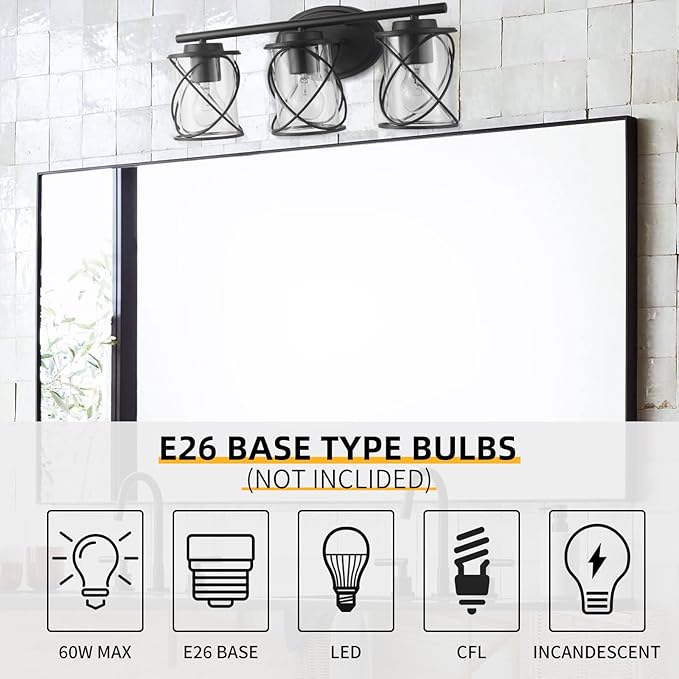 mavcadonf 3-Light UL Certified Bathroom Vanity Light, Matte Black Farmhouse Wall Sconce Over Mirror Lighting Fixture with Clear Glass Shade for Bathroom Kitchen Bedroom Hallway