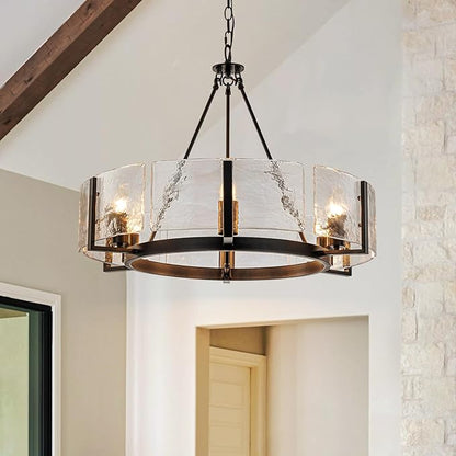 Black Glass Chandelier for Dining Room, 27.6" Large Modern Dining Room Light Fixture Farmhouse Glass Drum Chandelier for High Ceiling,Foyer,Living Room,Entryway