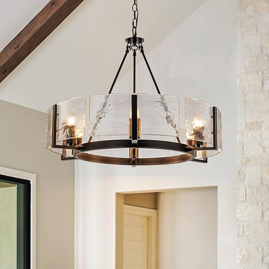 Black Glass Chandelier for Dining Room, 27.6" Large Modern Dining Room Light Fixture Farmhouse Glass Drum Chandelier for High Ceiling,Foyer,Living Room,Entryway