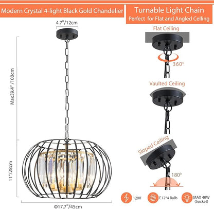 17.7" Modern Crystal Chandelier Black and Gold Drum Pendant Lighting Fixture Round Rustic Metal Shade 4-Light for Dining Room Living Room Bedroom Hallway