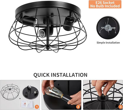 Farmhouse Flush Mount Ceiling Light Black Ceiling Light Fixtures 3-Light Industrial Flush Mount Ceiling Light Metal Cage Ceiling Lights for Kitchen Bedroom Living Room Hallway Foyer(E26 Base)