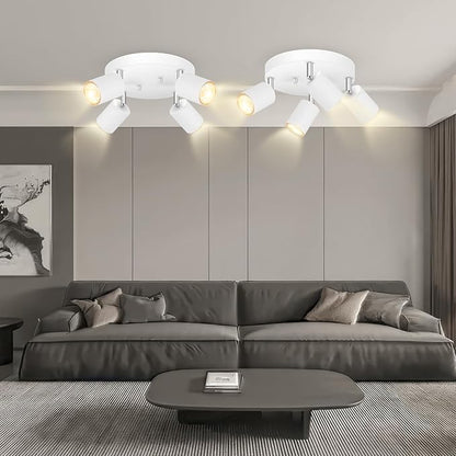 4 Light Track Lighting Fixtures Ceiling, Matte White Round Directional Ceiling Spotlight, GU10 Flush Mount Track Fixture, Adjustable Modern LED Track Lights for Kitchen/Living Room, Bulb Not Included