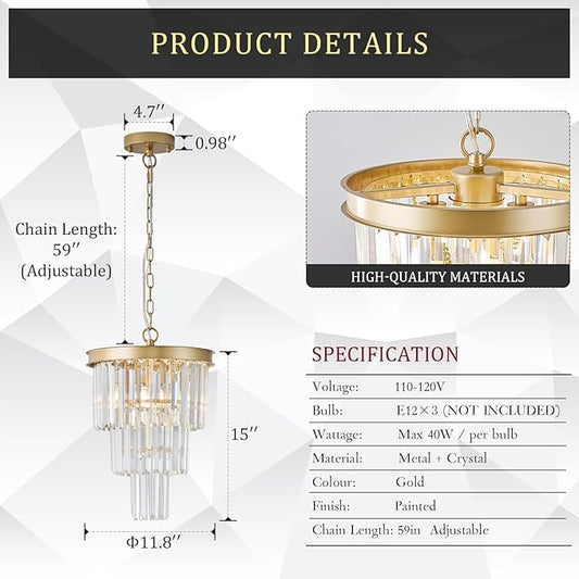 Modern Crystal Pendant Light for Kitchen Island, Mini Gold Crystal Light Fixture Luxury for Dining Room, K9 Ceiling Pendant Light 3 Tiers for Hallway Bedroom Closet