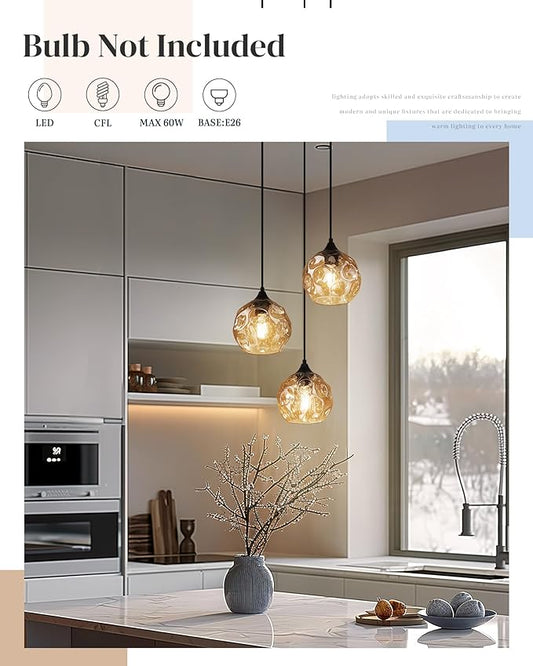 Emliviar 3-Light Cluster Pendant Lamp with Hammered Glass, Linear Barn Hanging Pendant Lighting for Dining Room in Amber Finish, DYE287G2-3 BK