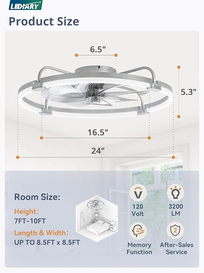 LEDIARY 2 Pack Ceiling Fans with Lights and Remote, 24'' Low Profile Ceiling Fan with Light, 3000-6000K Dimmable Fandelier LED Fan Light, 6 Wind Speeds, Grey Flush Mount Ceiling Fan for Bedroom