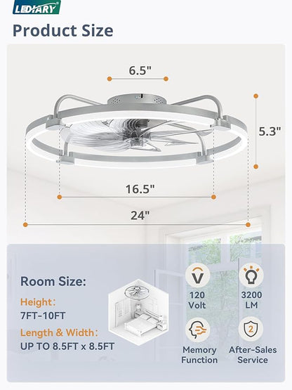 LEDIARY 2 Pack Ceiling Fans with Lights and Remote, 24'' Low Profile Ceiling Fan with Light, 3000-6000K Dimmable Fandelier LED Fan Light, 6 Wind Speeds, Grey Flush Mount Ceiling Fan for Bedroom