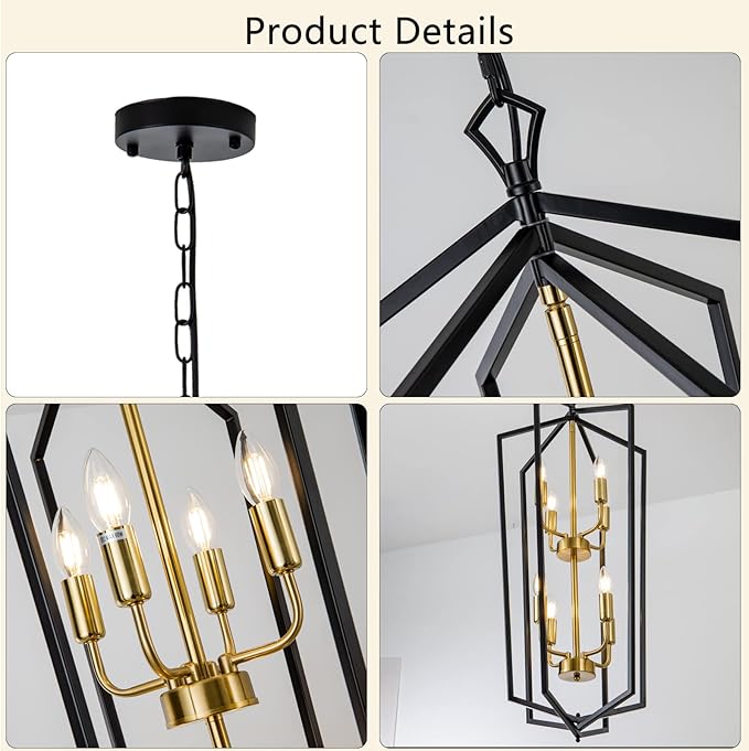Lanhall 8-Light Lantern Tired Farmhouse Ceiling Hanging Light Black Chandelier Metal Modern Pendant Light Fixtures for Kitchen Island Dining Room Living Room Foyer Entryway-Brushed Brass