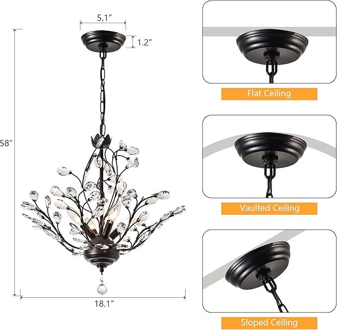 Maxax 18" Black Crystal Chandelier, 4-Light Vintage Branch Pendant Light Fixture, Modern K9 Raindrop Ceiling Light with Adjustable Chain for Dining Room Bedroom Foyer, E12 Base
