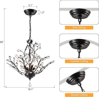 Maxax 18" Black Crystal Chandelier, 4-Light Vintage Branch Pendant Light Fixture, Modern K9 Raindrop Ceiling Light with Adjustable Chain for Dining Room Bedroom Foyer, E12 Base