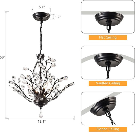 Maxax 18" Black Crystal Chandelier, 4-Light Vintage Branch Pendant Light Fixture, Modern K9 Raindrop Ceiling Light with Adjustable Chain for Dining Room Bedroom Foyer, E12 Base