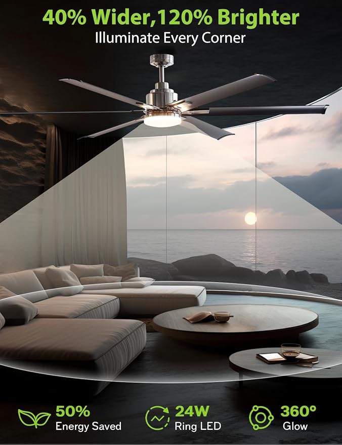 72-Inch DC Motor Ceiling Fan with LED Light, 6 Black Aluminum Blades, Remote Control, Reversible, Energy Efficient Large Indoor/Outdoor Ceiling Fan for Living Room, Patio