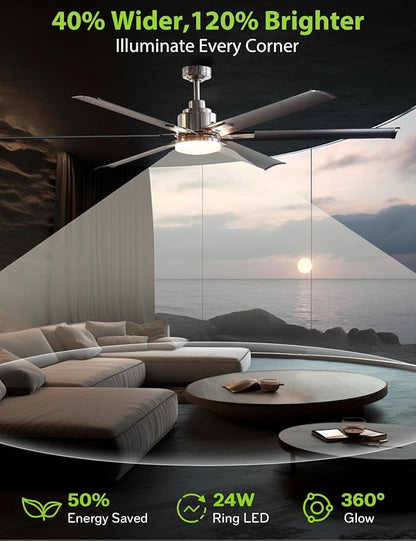 72-Inch DC Motor Ceiling Fan with LED Light, 6 Black Aluminum Blades, Remote Control, Reversible, Energy Efficient Large Indoor/Outdoor Ceiling Fan for Living Room, Patio