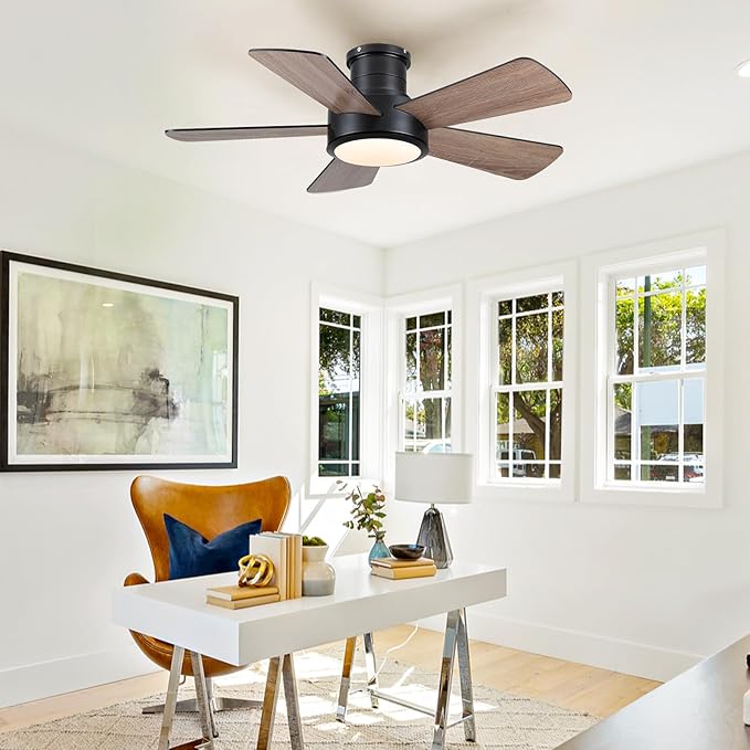 Hounberi 40 Inch Flush Mount Ceiling Fan with Lights and Remote, Modern Quiet DC Motor Low Profile Ceiling Fan for Low Ceilings, 5 Reversible Blades, 6 Speeds Dimmable, Indoor Outdoor Bedroom, Black