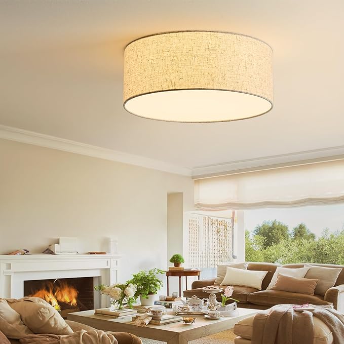 16-Inch Flush Mount Ceiling Light Fixture with Linen Fabric Shade, Modern Drum Light Fixture 3-Light Bedroom Lights for Ceiling, Farmhouse for Living Room, Dining Room, Kitchen, Entrance