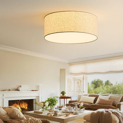 16-Inch Flush Mount Ceiling Light Fixture with Linen Fabric Shade, Modern Drum Light Fixture 3-Light Bedroom Lights for Ceiling, Farmhouse for Living Room, Dining Room, Kitchen, Entrance