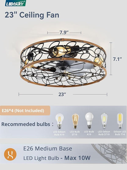 LEDIARY 23 Inch Caged Ceiling Fans with Lights, Farmhouse Flush Mount Ceiling Fan with Remote, Large Low Profile Ceiling Fan Light Fixture for Bedroom, Kitchen, Dining Room