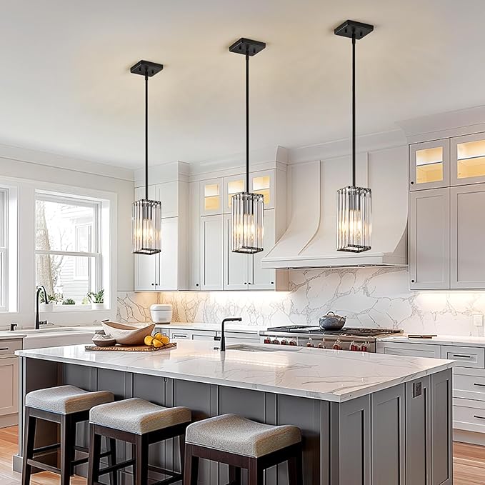 Modern Crystal Pendant Lights Kitchen Island, 1-Light Black Hanging Light with Clear Crystal Shade, Adjustable Height Pendant Lighting for Kitchen Island Dining Room Bedroom Bar Entryway