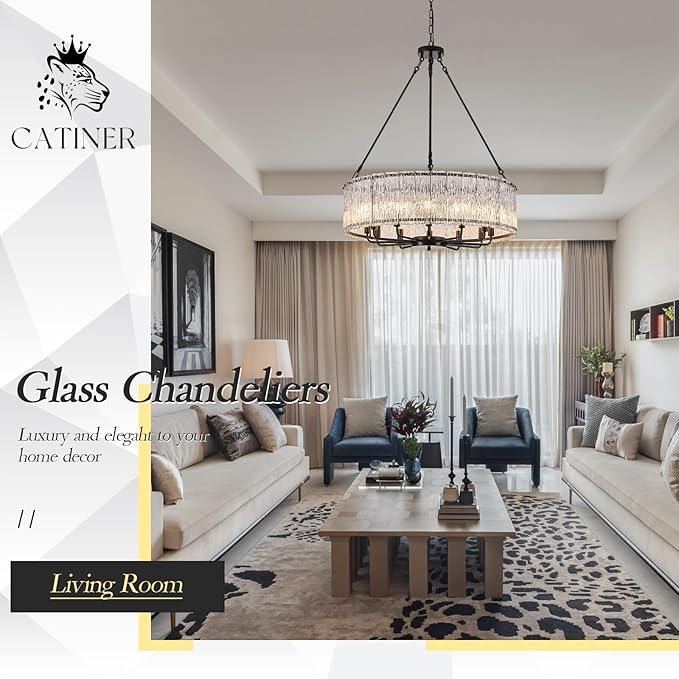 CATINER 12-Light Crystal Glass Chandeliers Modern 30" Black Drum Chandelier Luxury Ceiling Pendant Light Fixture for Living Room Dining Room Kitchen Foyer Bedroom