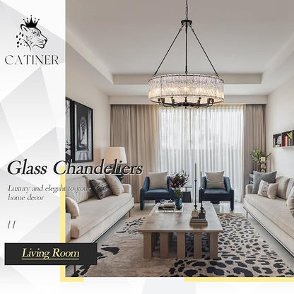 CATINER 12-Light Crystal Glass Chandeliers Modern 30" Black Drum Chandelier Luxury Ceiling Pendant Light Fixture for Living Room Dining Room Kitchen Foyer Bedroom