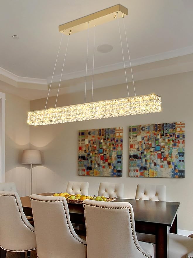 ykolupty W48 Rectangular Gold Crystal Chandelier Modern Rectangle Pendant Ceiling Light Fixture for Living Room Dining Room Kitchen Island Bar
