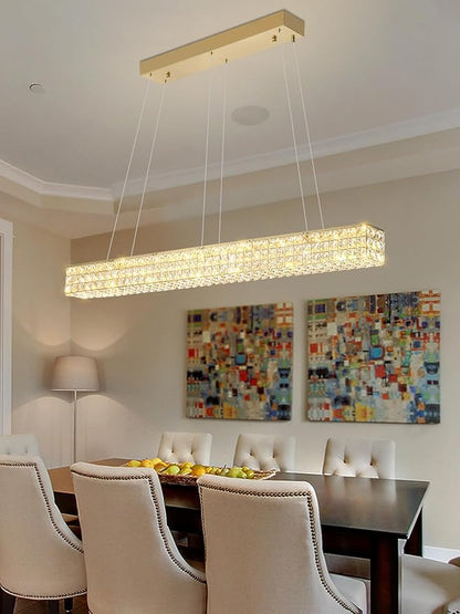 ykolupty W48 Rectangular Gold Crystal Chandelier Modern Rectangle Pendant Ceiling Light Fixture for Living Room Dining Room Kitchen Island Bar