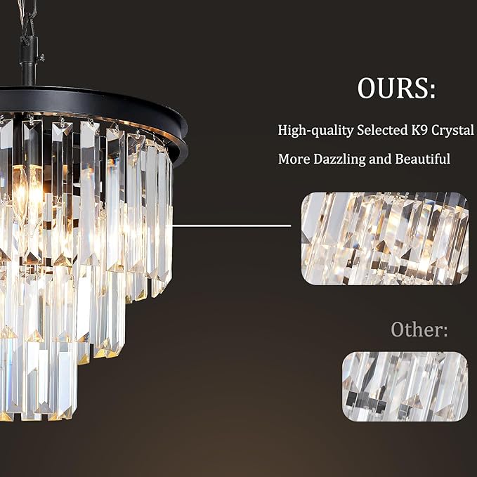 Small Black Crystal Chandeliers for Dining Room, 3-Tier 4 Lights Modern Chandelier Contemporary Luxury Top K9 Crystal Ceiling Pendant Light Fixture for Foyer Kitchen Bedroom Closet 14"