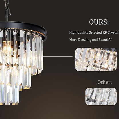 Small Black Crystal Chandeliers for Dining Room, 3-Tier 4 Lights Modern Chandelier Contemporary Luxury Top K9 Crystal Ceiling Pendant Light Fixture for Foyer Kitchen Bedroom Closet 14"