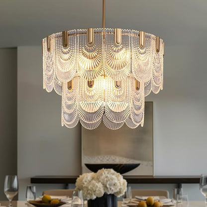 Crystal Glass Chandelier,Gold Glass Kitchen Island Lights,9-Light Dining Room Hanging Pendant Light Fixture for Living Room, Bedroom,Foyer, Bathroom,Entryway, Brass Finish, D24 xH25