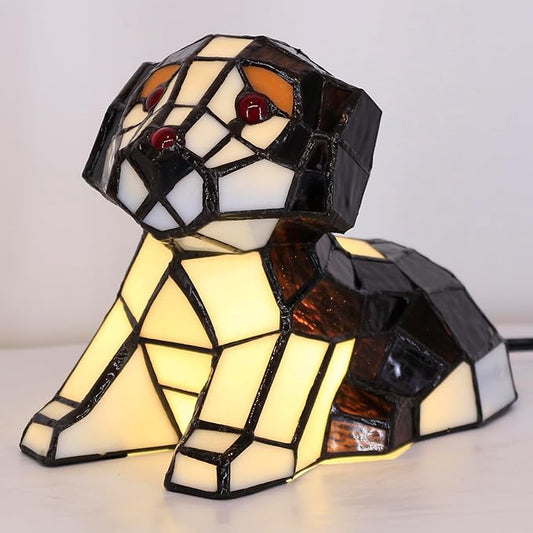 Small Tiffany Lamp Stained Glass Animal Table Lamp Mini Accent Desk Light (Brown White Dog)