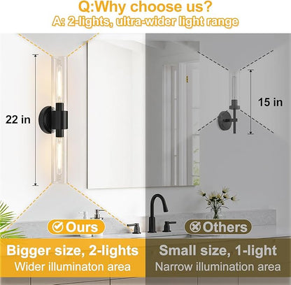 Wall Sconces Set of Two,Matte Black Bathroom Sconces with Clear Glass, Hardwired Sconces Wall Decor Set of 2, Modern Wall Vanity Light Fixtures for Bathroom Mirror Bedroom Living Room Hallway