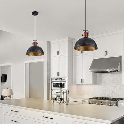 12 Inch Black Pendant Lights Hammered Matte Pendant Lights for Kitchen Island Industrial Farmhouse Adjustable Height Dome Hanging Light Fixtures for Barn, Dining Room 3 Packs