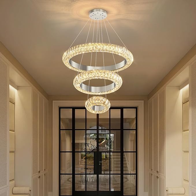23.6" 3 Ring Crystal Chandelier Modern LED Dimmable Ring Pendant Light Round Chandelier for Dining Room Living Room Silver