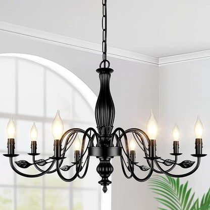 29" Large Black Chandelier for Dining Room, Modern Farmhouse 8-Light Light Fixture Hanging, Industrial Kitchen Lighting Fixtures with Leaf, Vintage Chandeliers Over Table for Bedroom Foyer Living Room